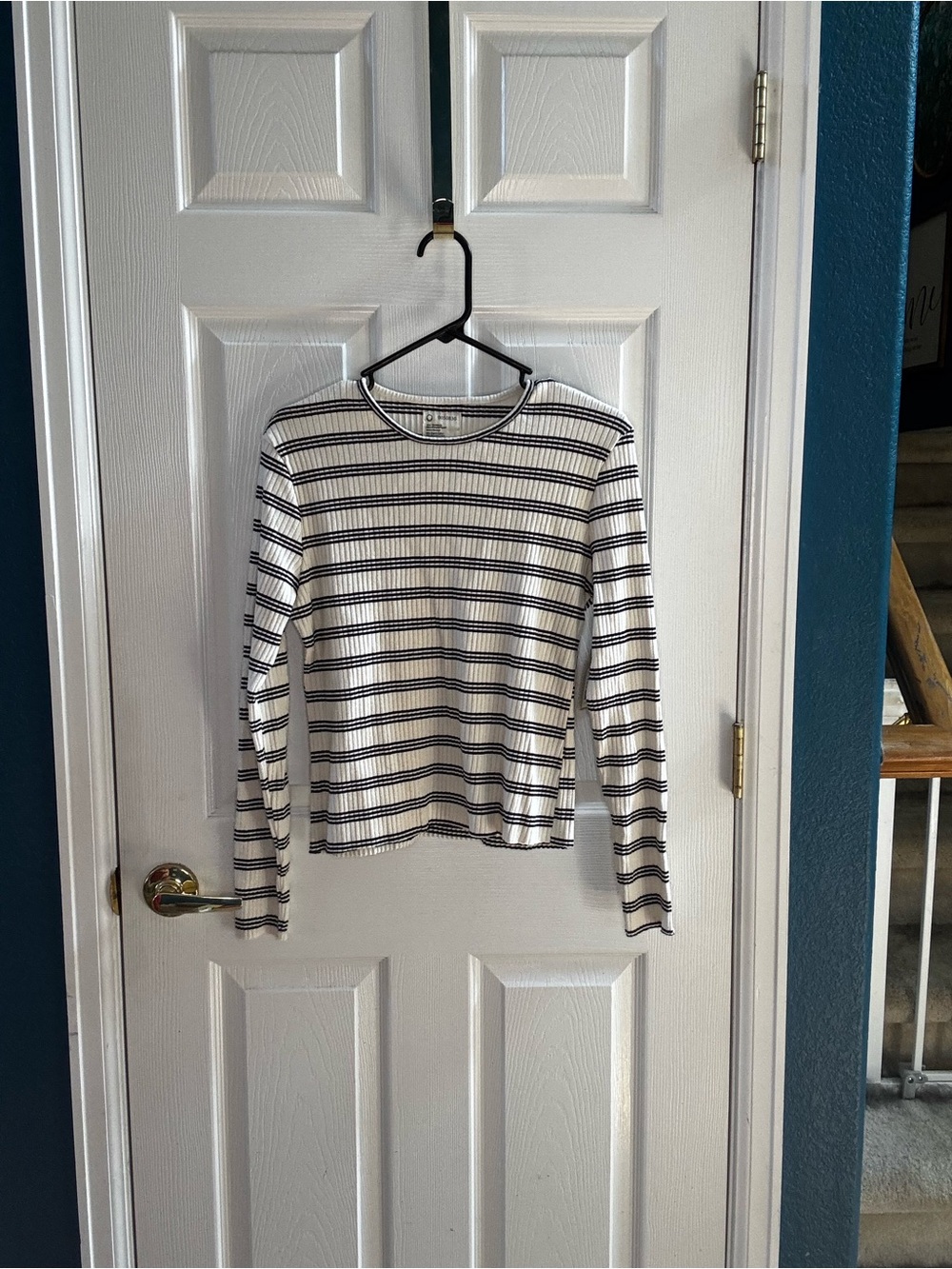 Striped White and Navy Ribbed Long-Sleeve Tee